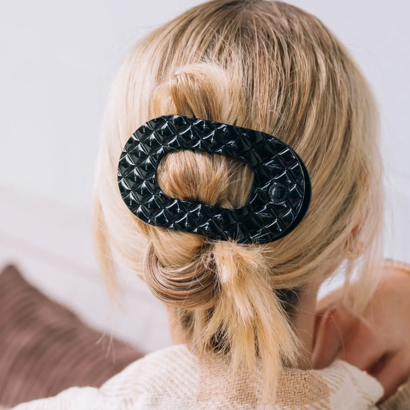 Jet Black Quilted Large Flat Round Hair Clip